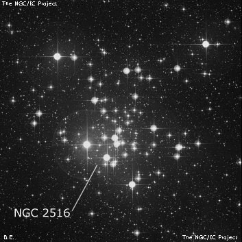 NGC 2516 - рассеянное скопление звёзд. Описание NGC 2516:, Рассеянное скопление в созвездии Киль