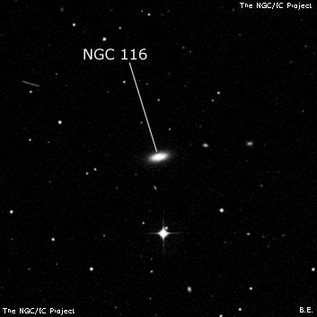 NGC 116 - по указанным Генри Дрейером координатам, объект повторно не найден; . Описание NGC 116:, Галактика в созвездии Кит