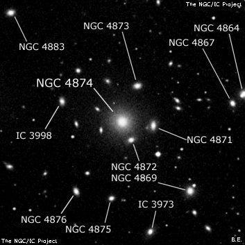 NGC 4874 - спиральная галактика с баром. Описание NGC 4874:, Галактика в созвездии Волосы Вероники