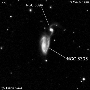 NGC 5395 - спиральная галактика. Описание NGC 5395:, Галактика в созвездии Гончие Псы